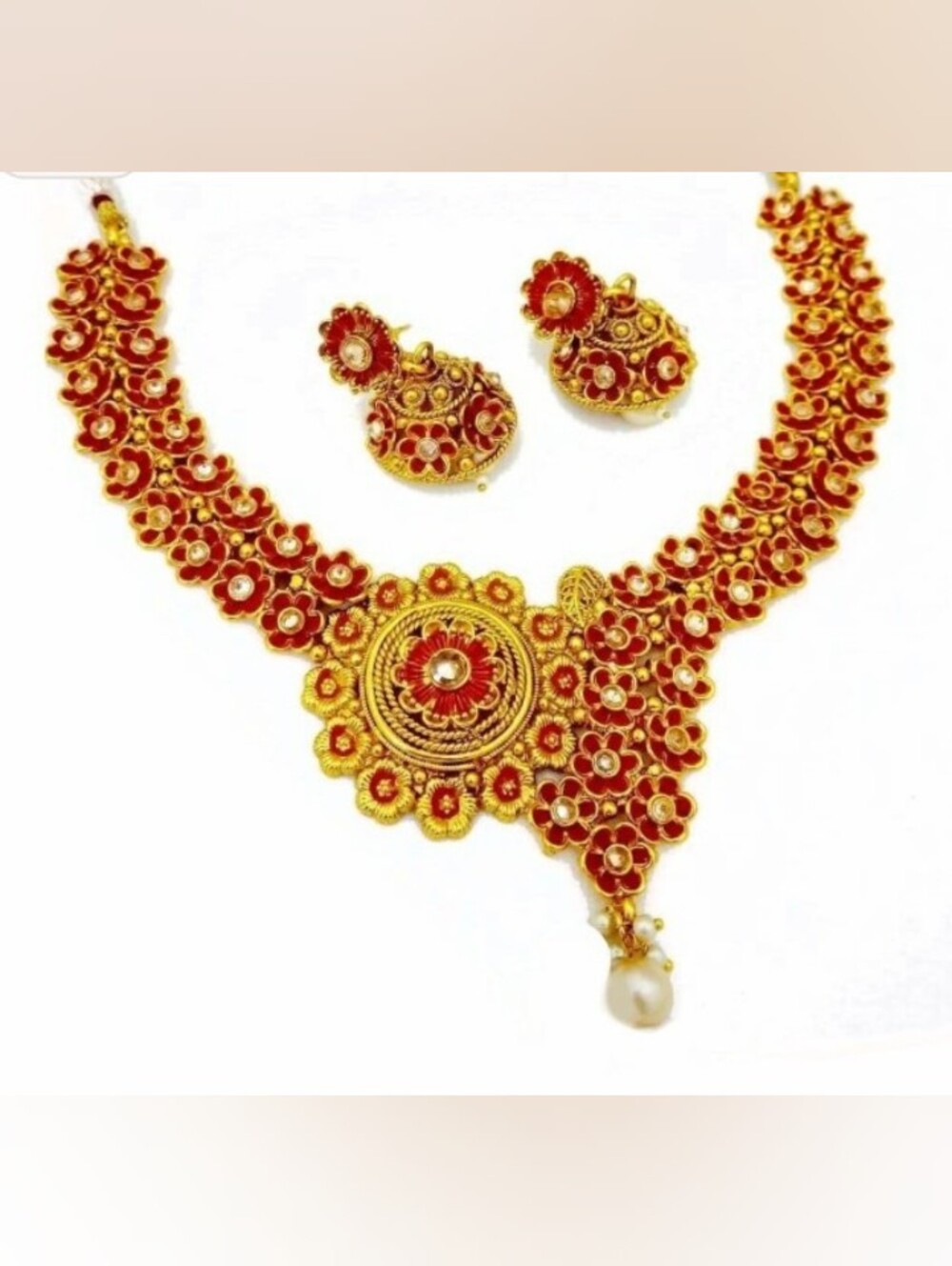Gold-Tone Red Floral Necklace & Floral Jhumka Earrings Set
